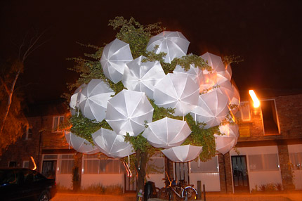 Tree with umbrellas in it